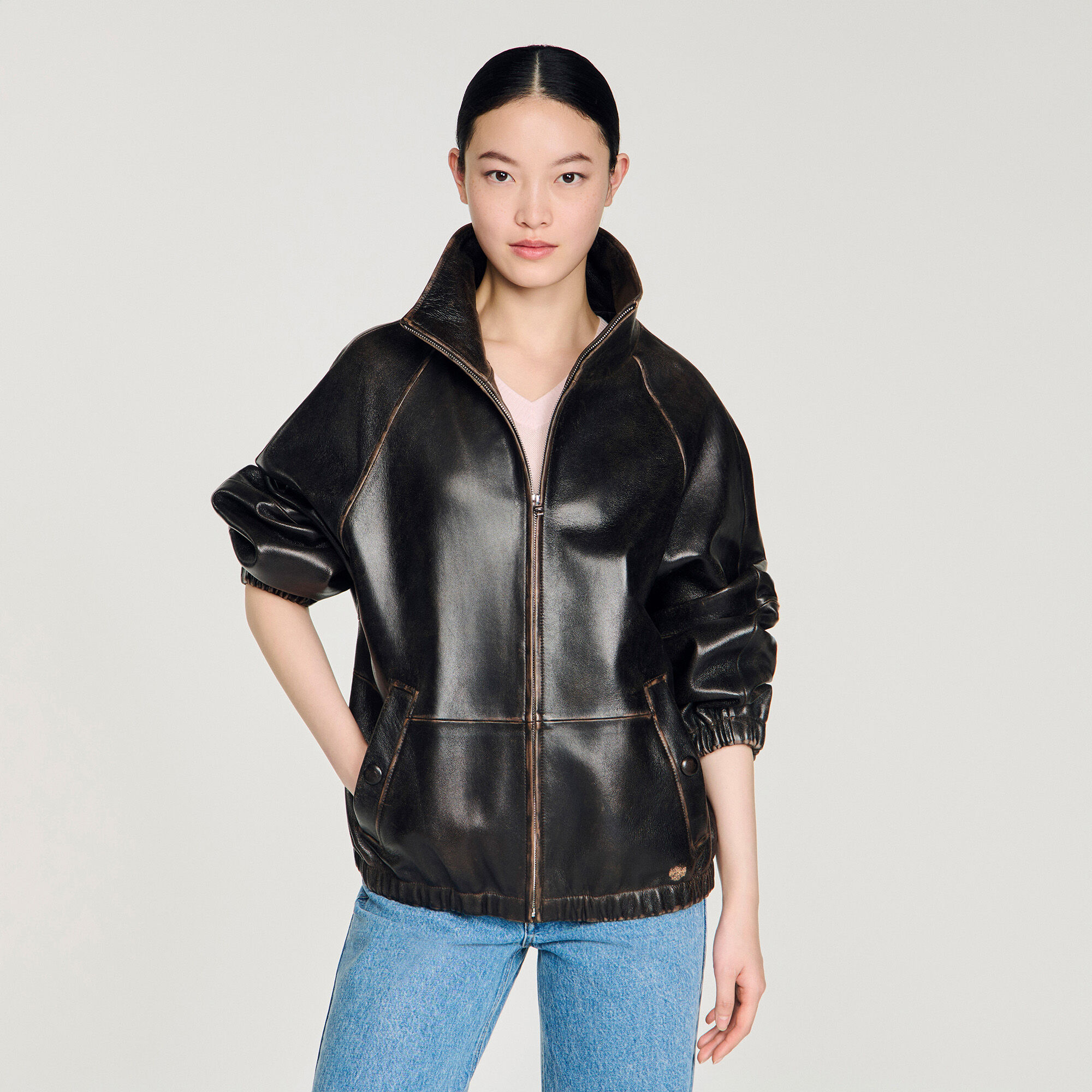 Distressed leather jacket