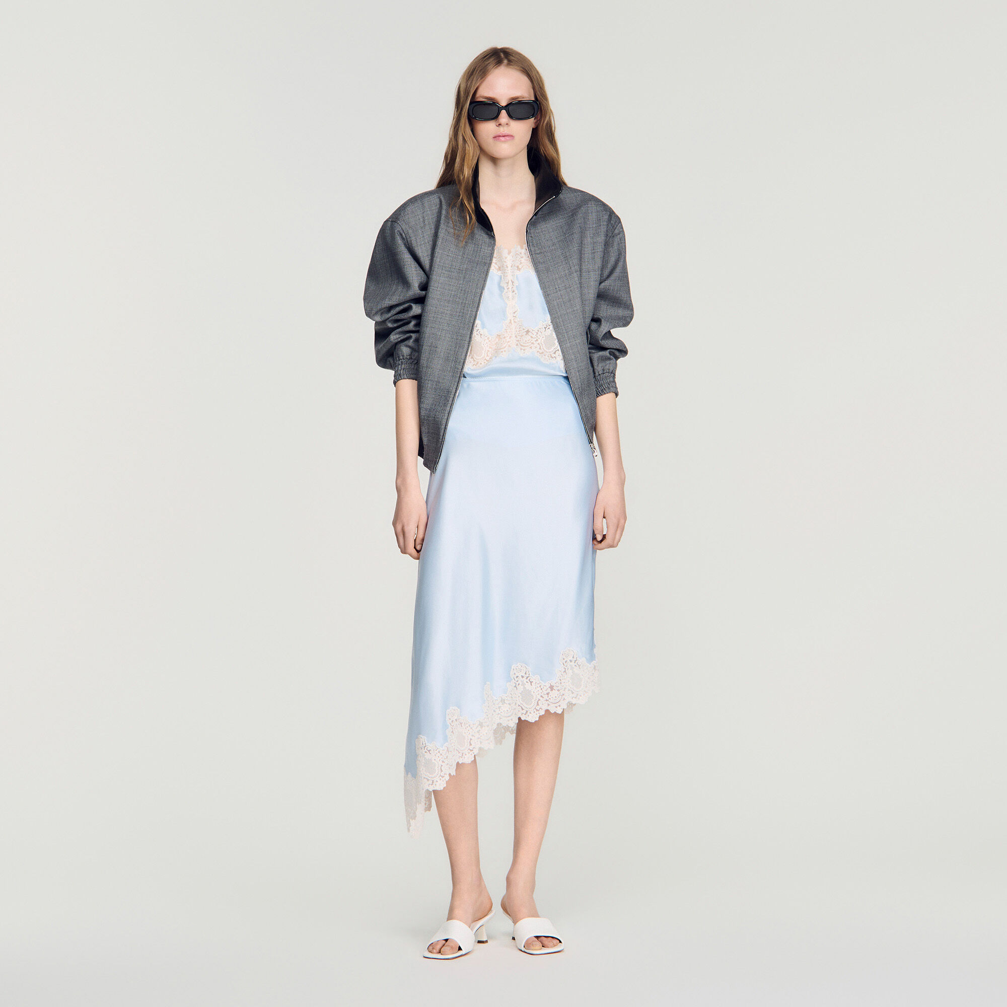 Asymmetrical satin skirt with lace