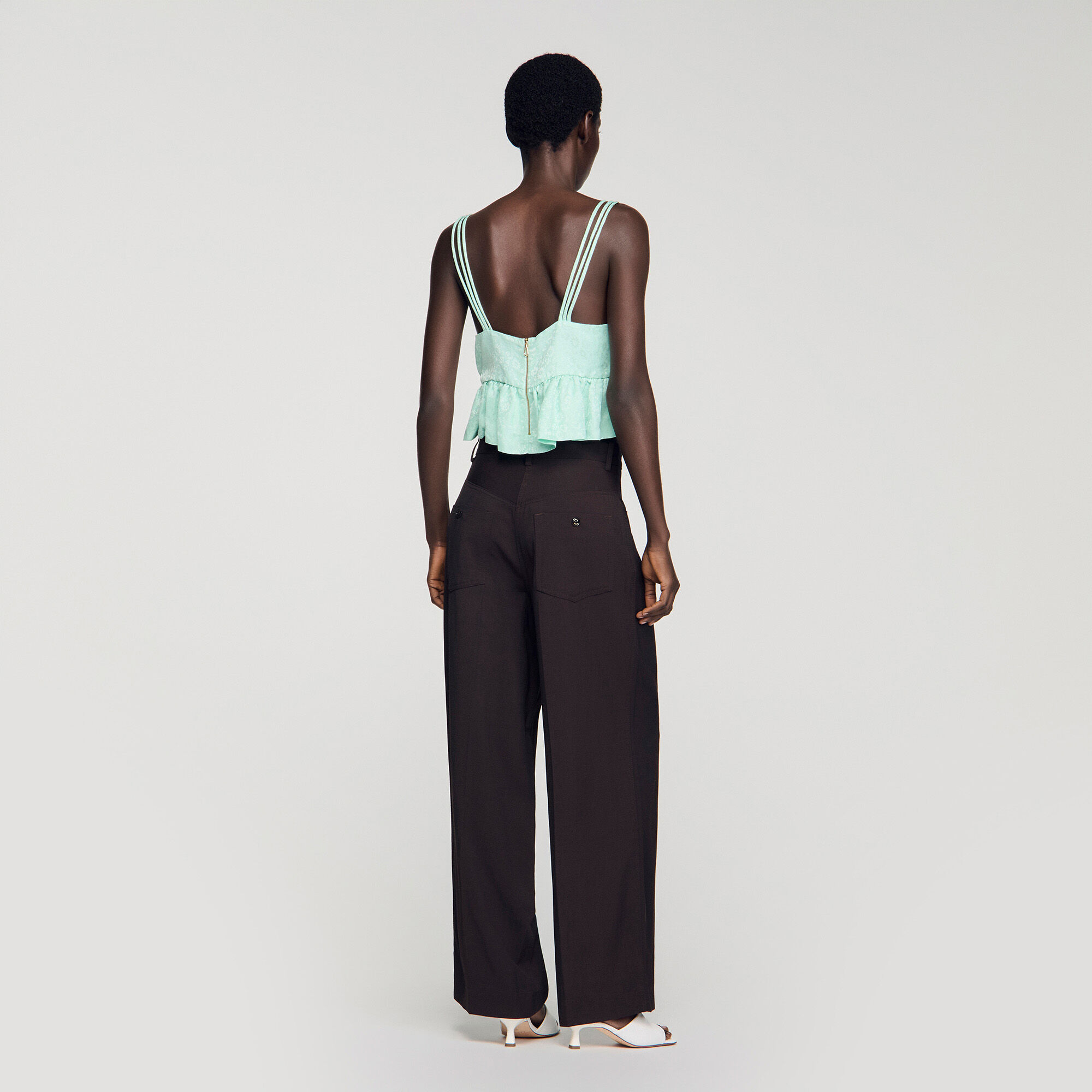 Floral jacquard ruffle crop top