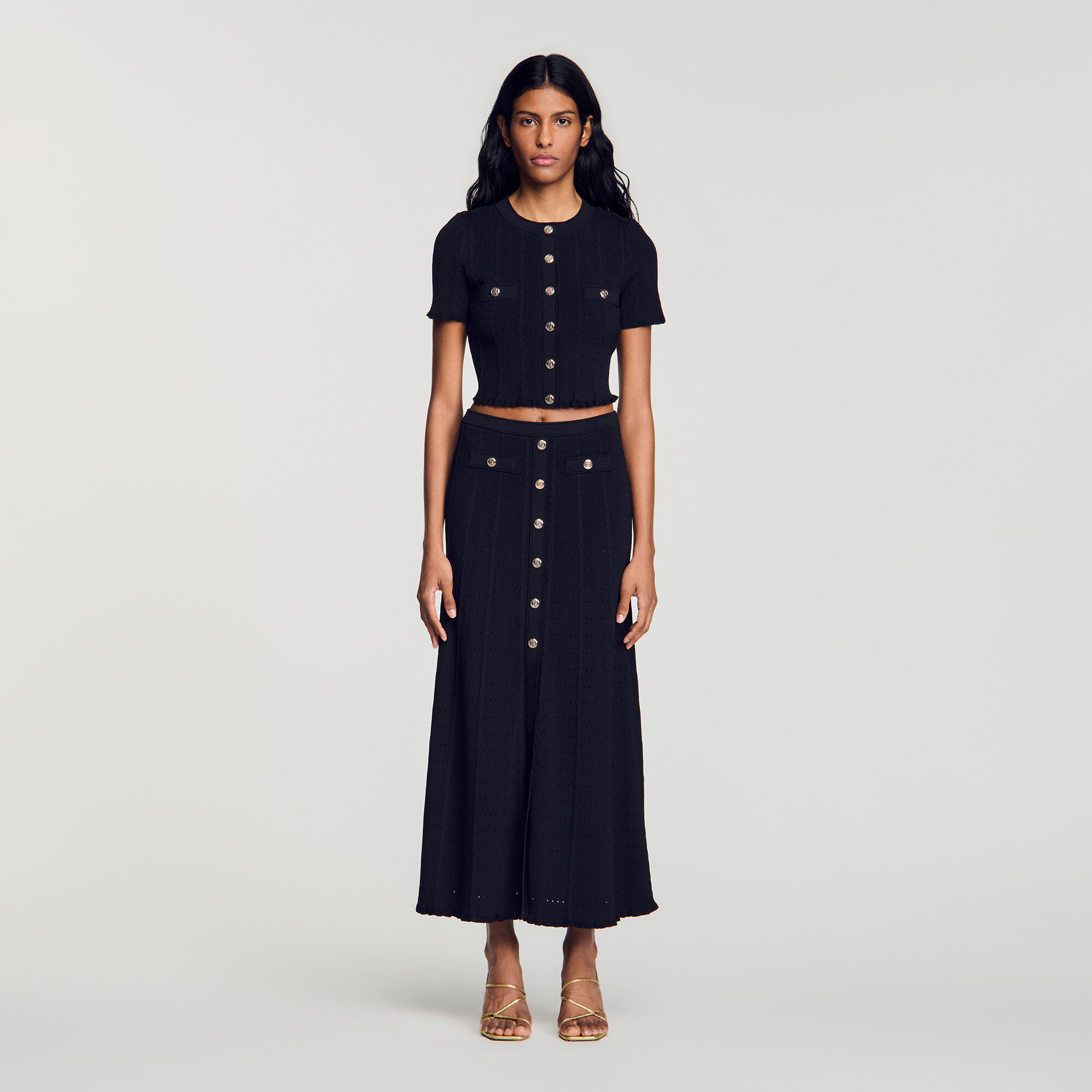 Cropped pointelle knit cardigan