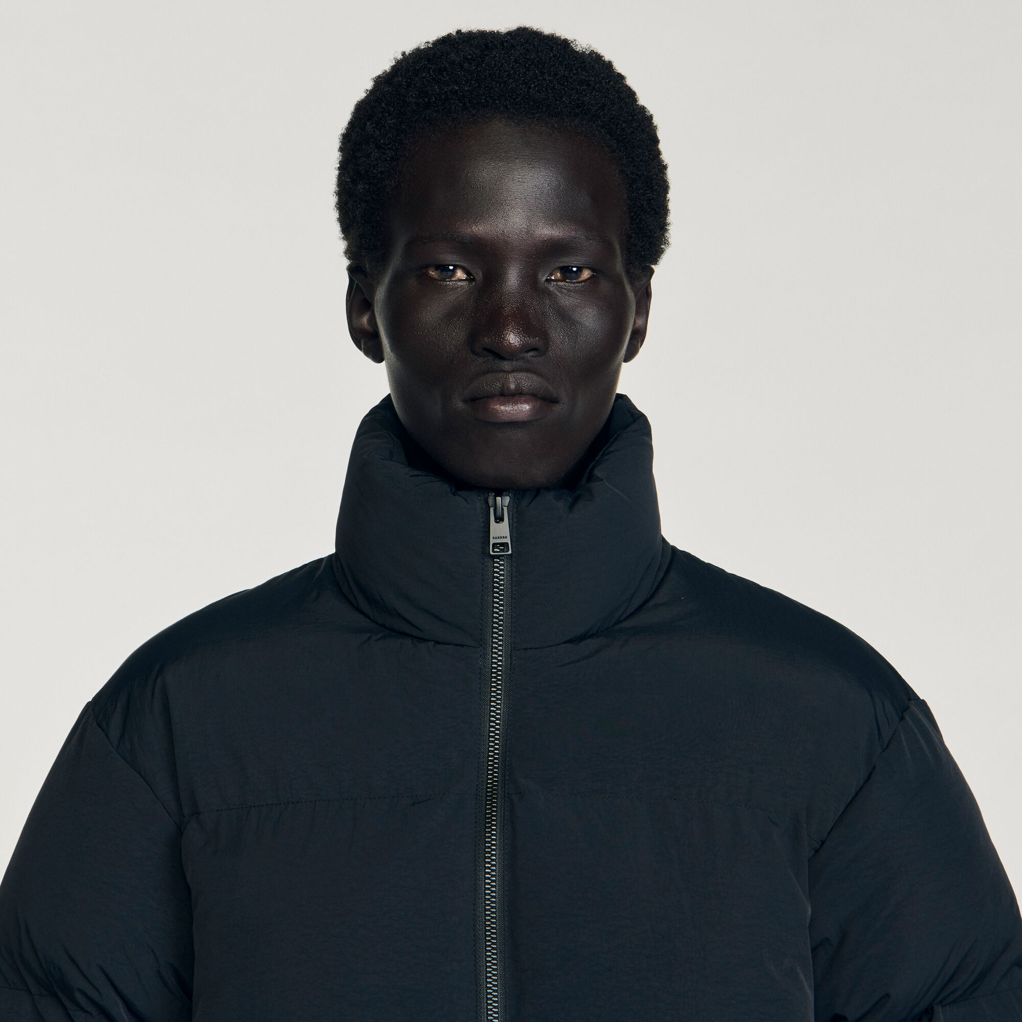 Hooded puffer with high collar