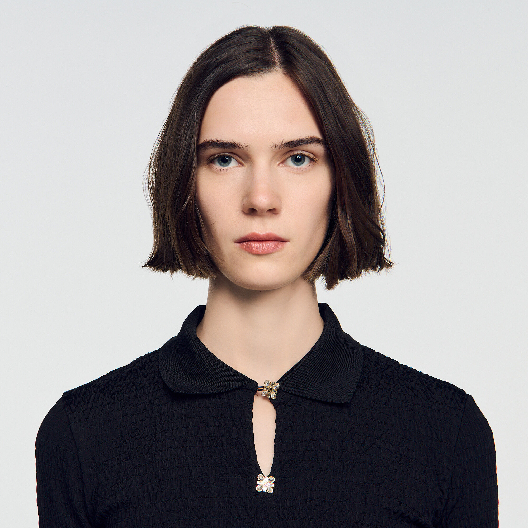 Smocked T-shirt with jewel buttons - Women | Sandro Paris