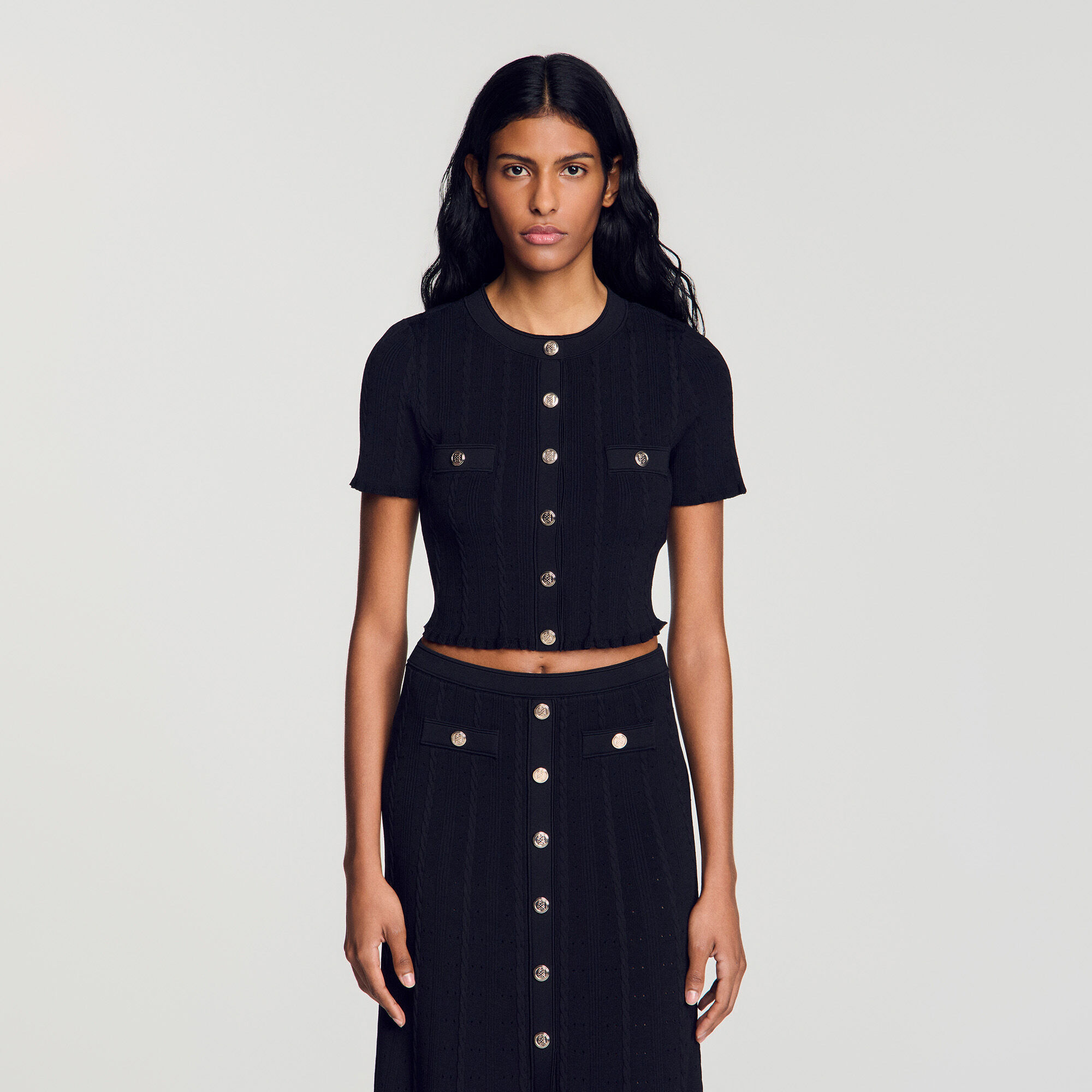 Cropped pointelle knit cardigan
