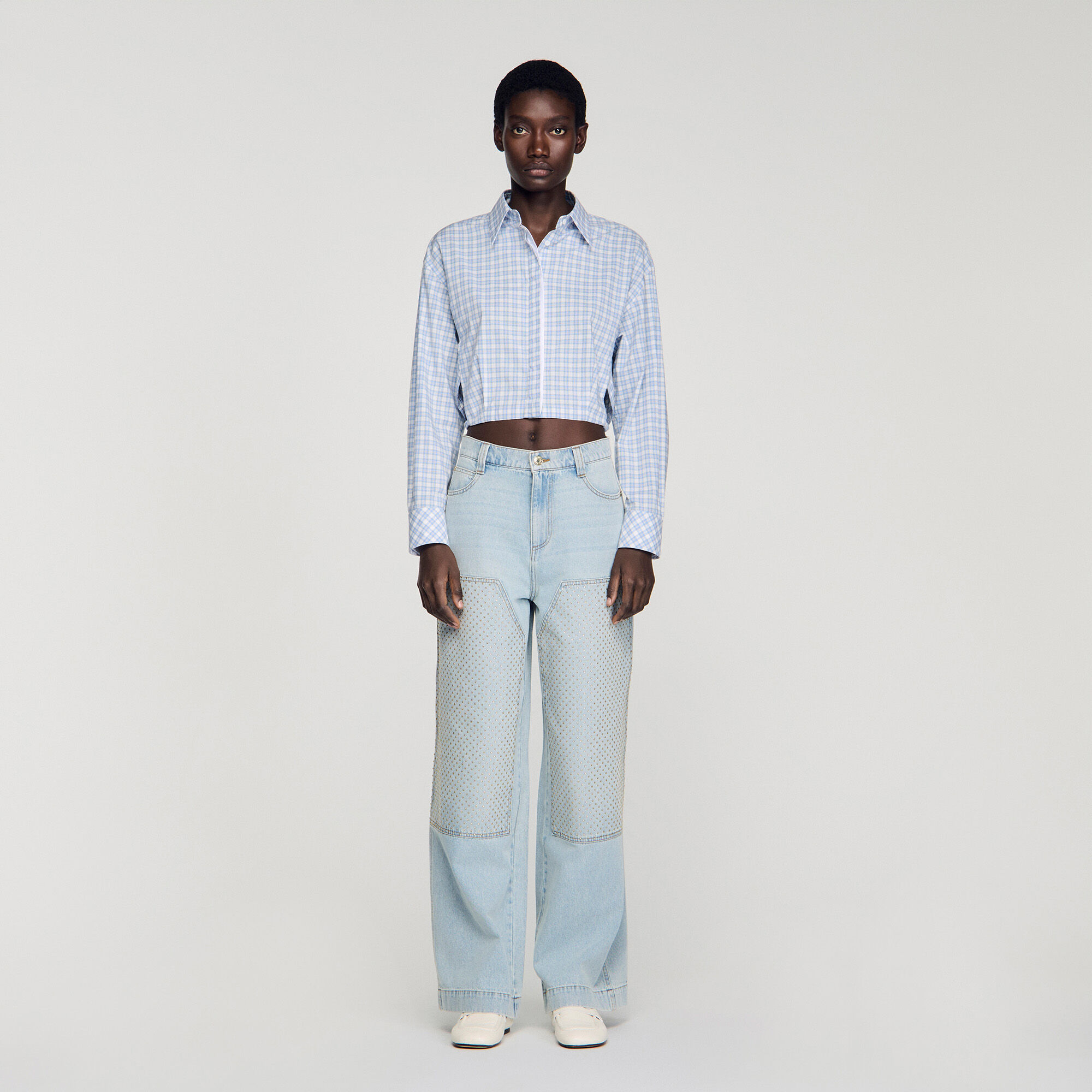 Faded straight crystal patch jeans