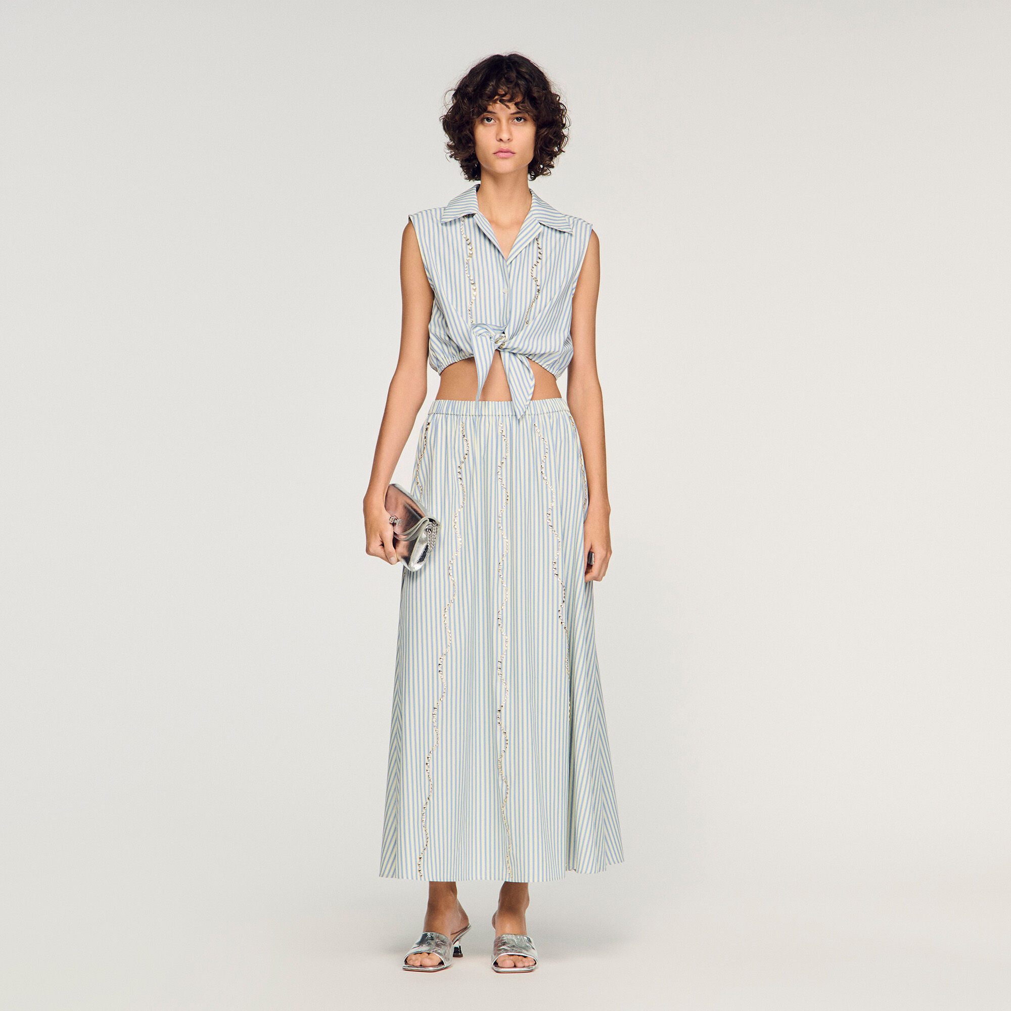 Rhinestone striped long skirt