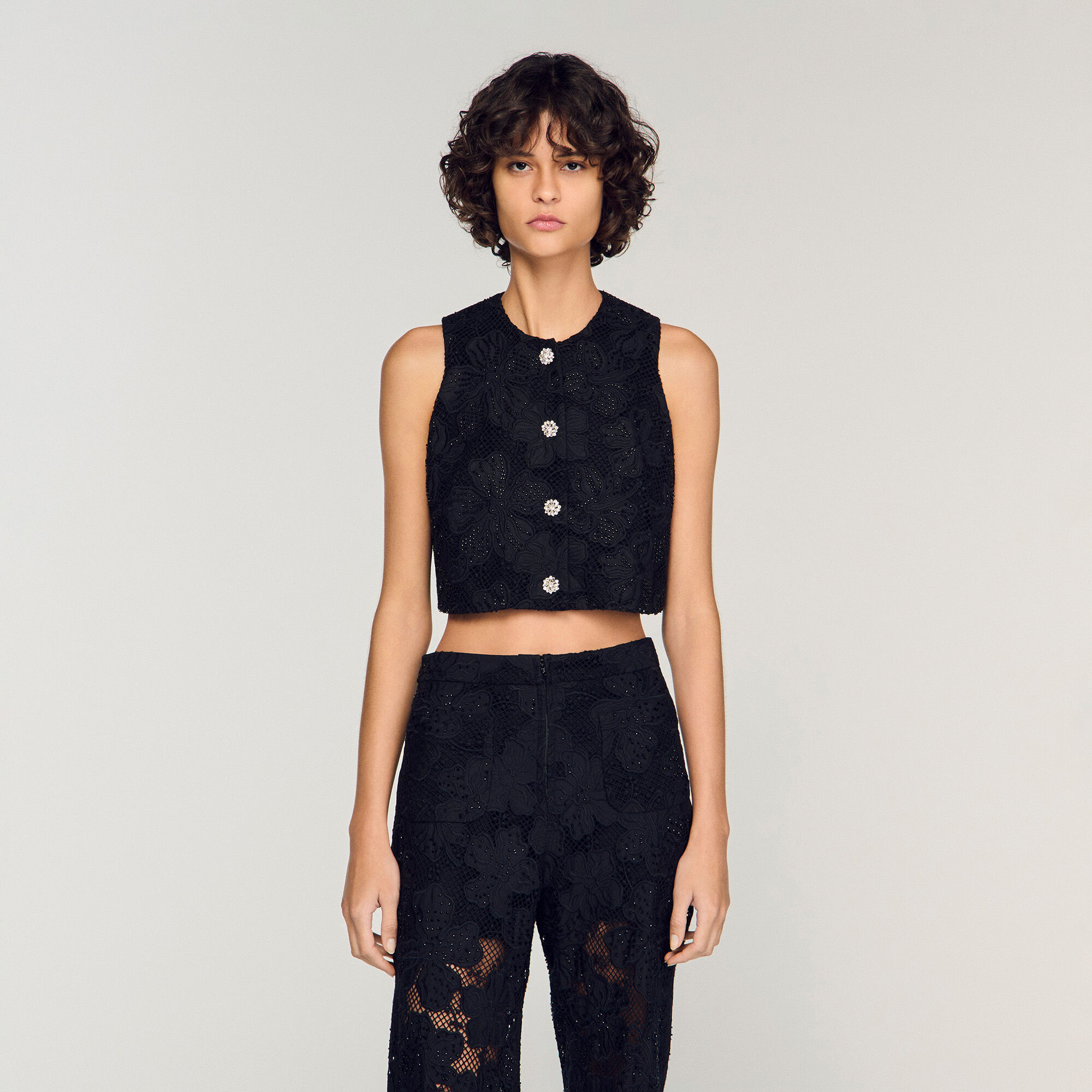 Embroidered guipure crop top