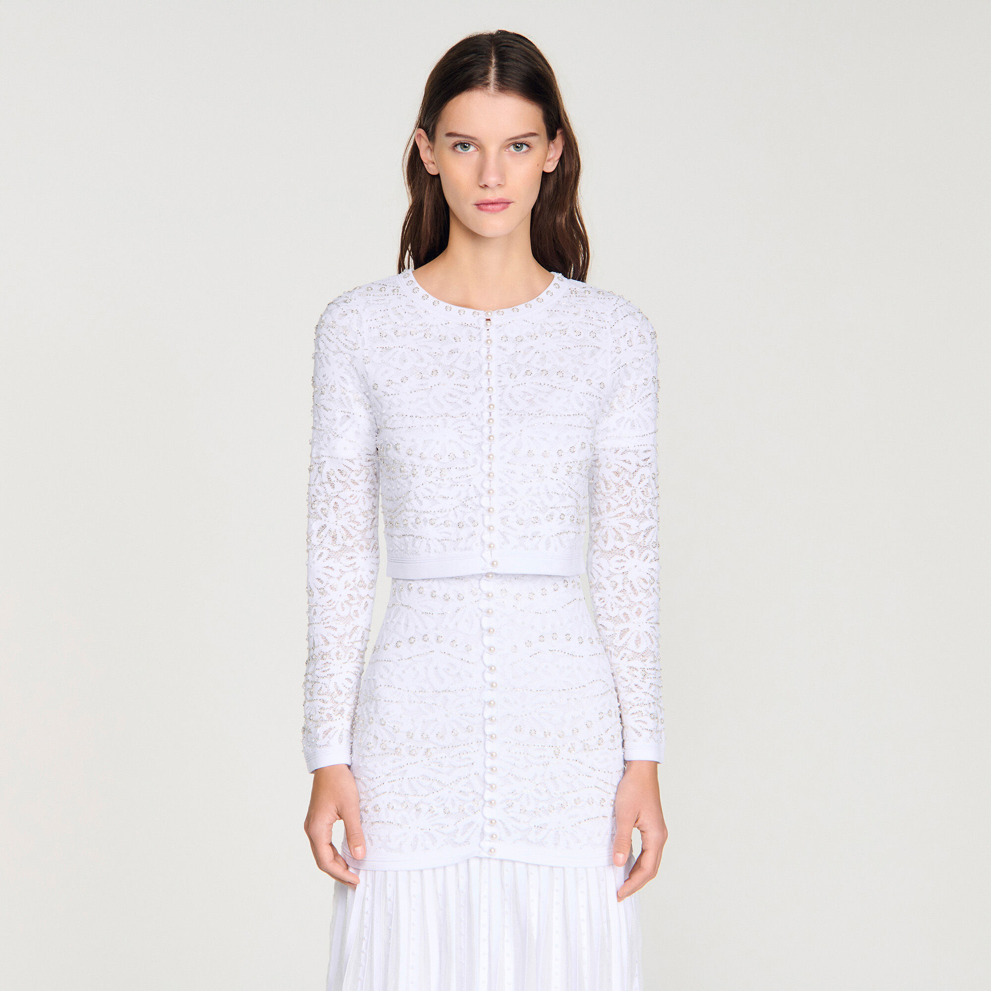 Cropped pearled cardigan