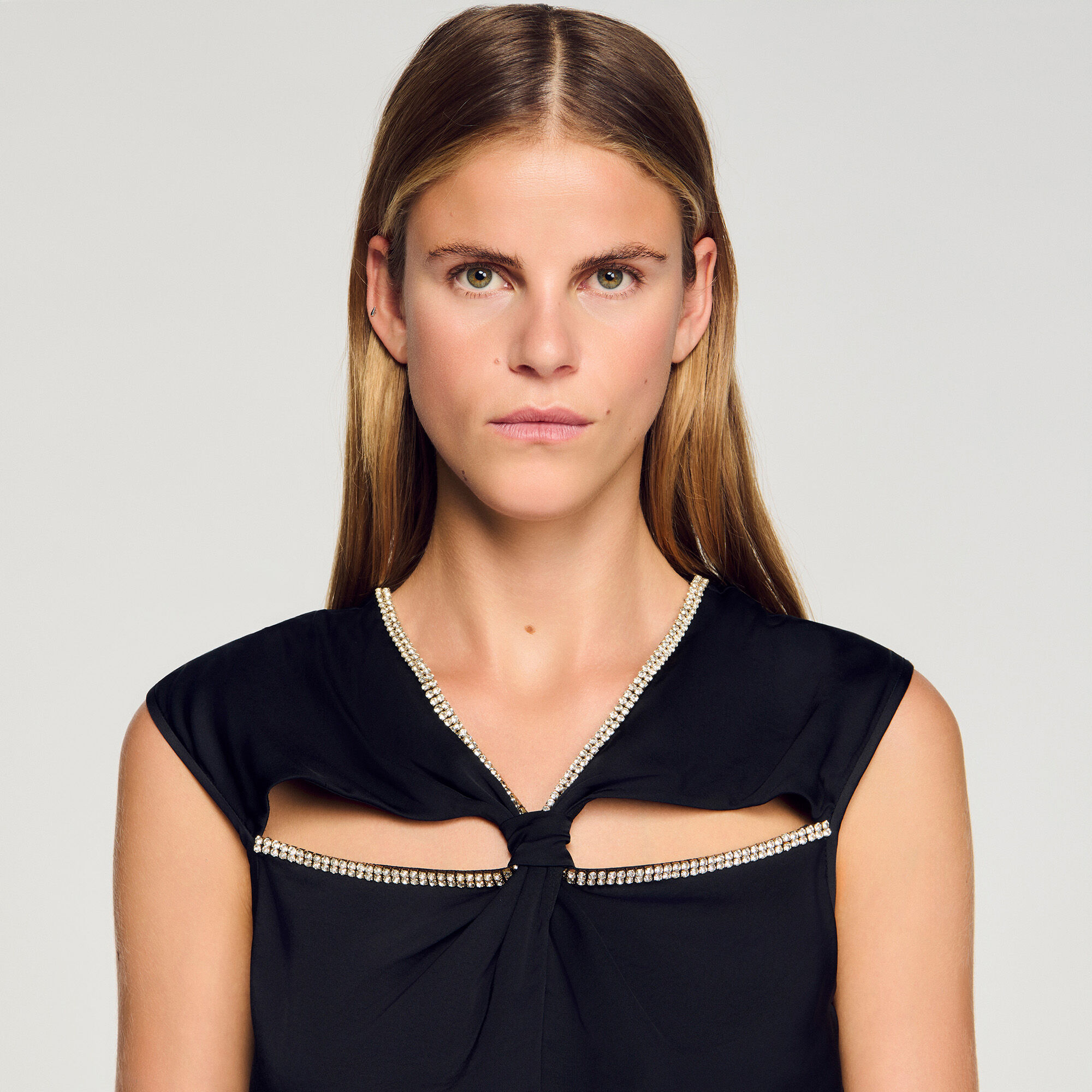 Satin maxi dress with rhinestones