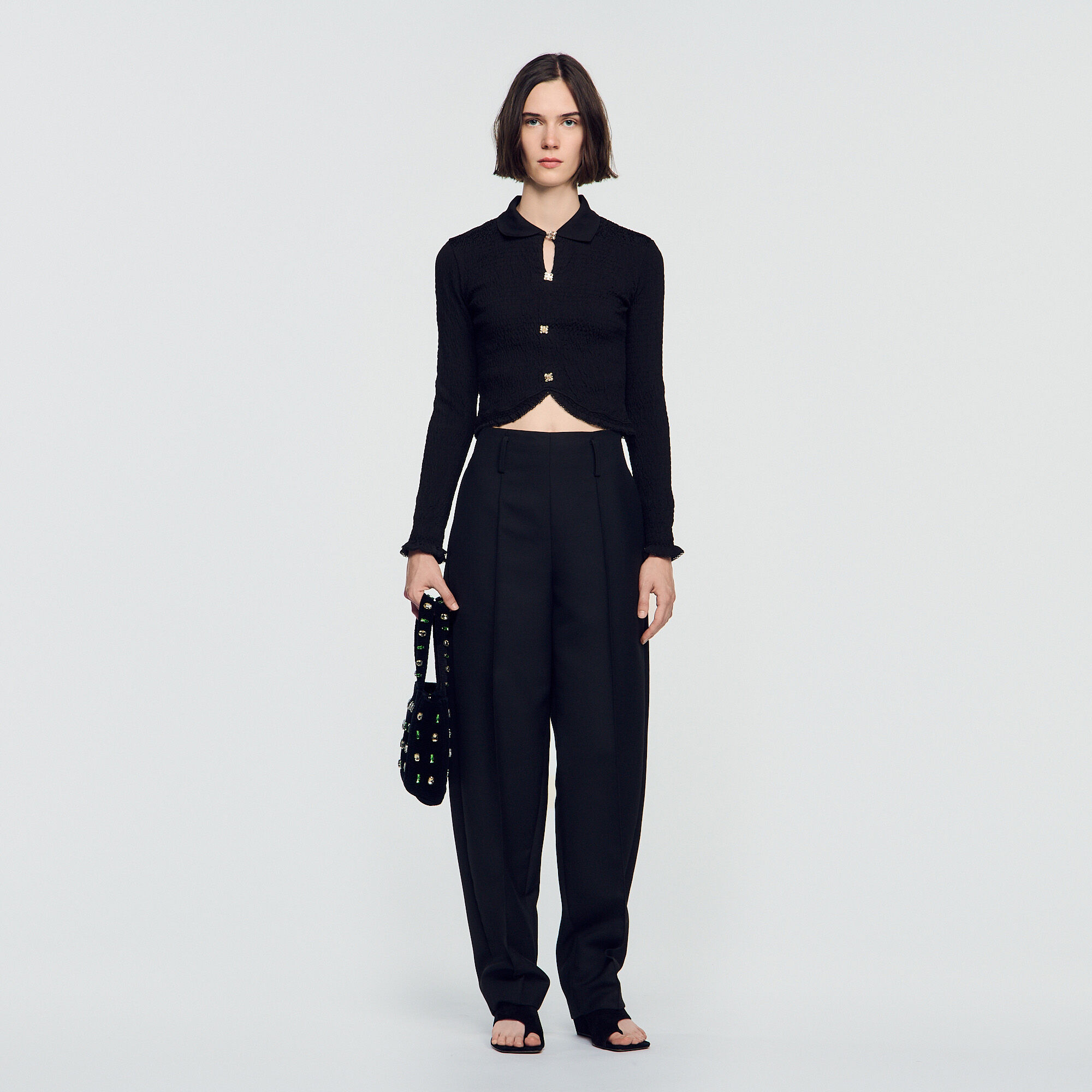 Smocked T-shirt with jewel buttons - Women | Sandro Paris