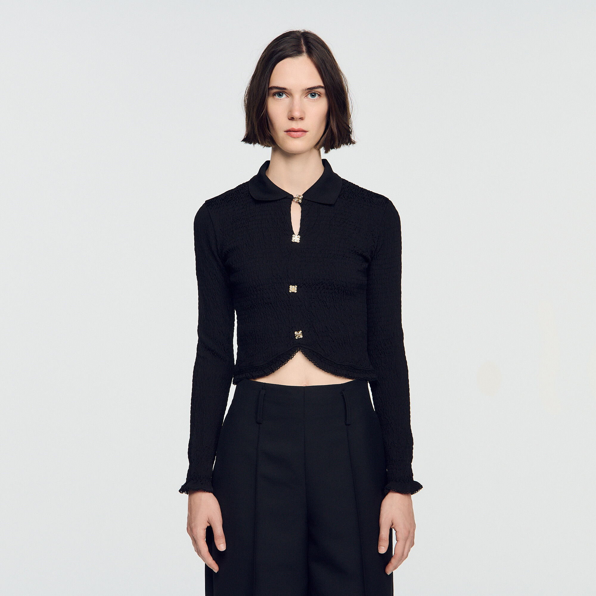 Smocked T-shirt with jewel buttons - Women | Sandro Paris