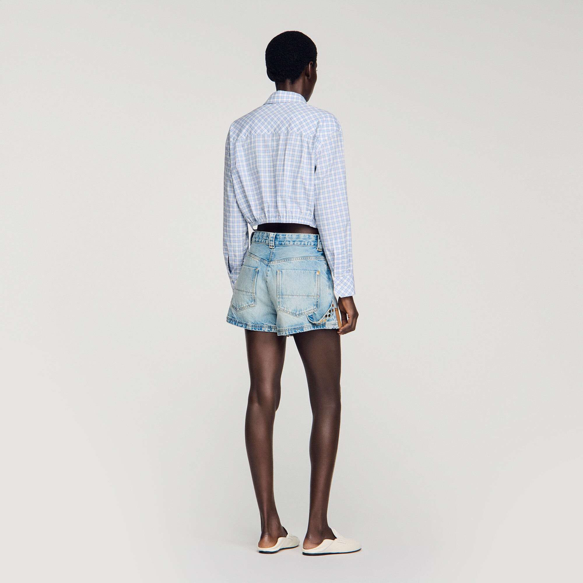 Riveted denim and suede shorts