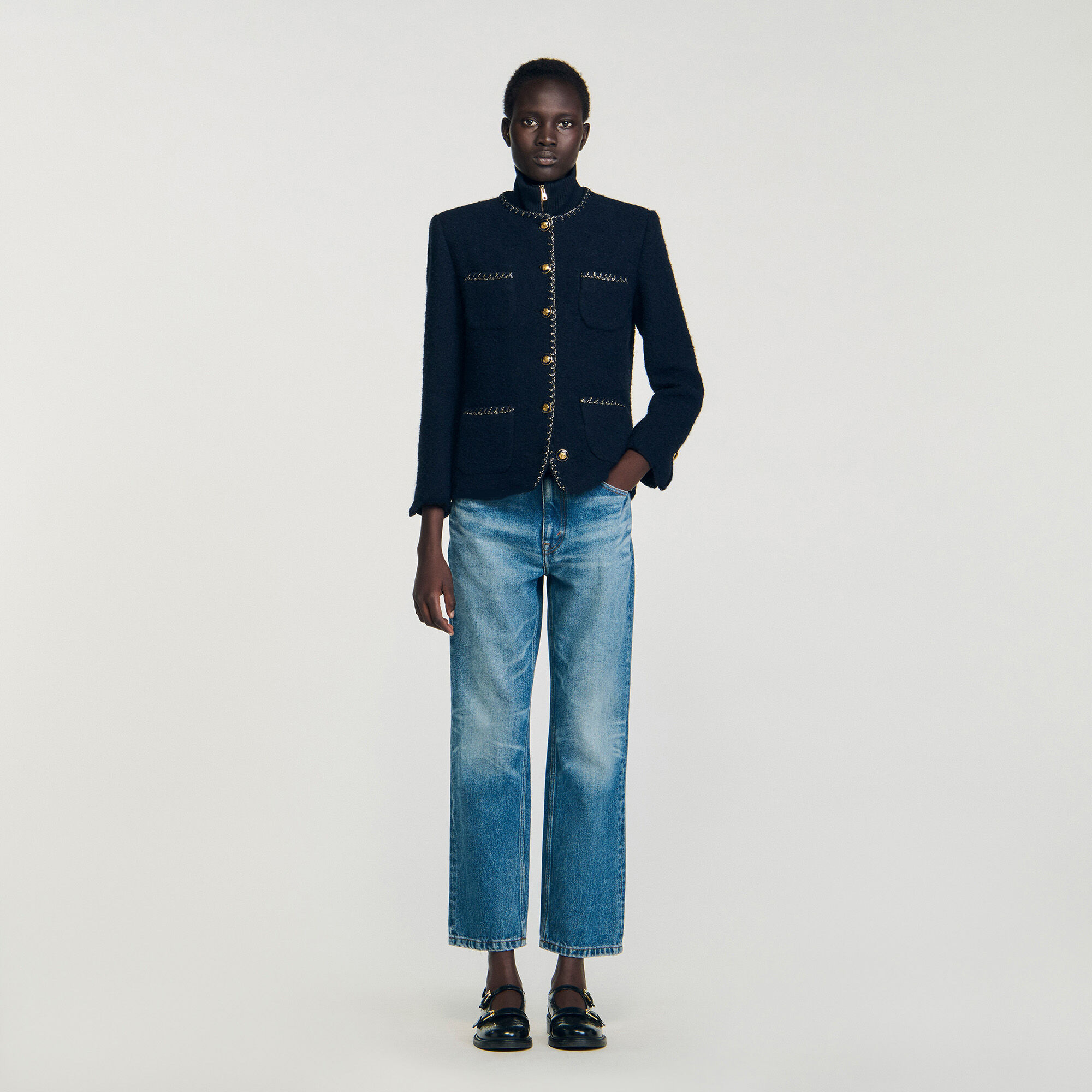 Tweed jacket with decorative trim