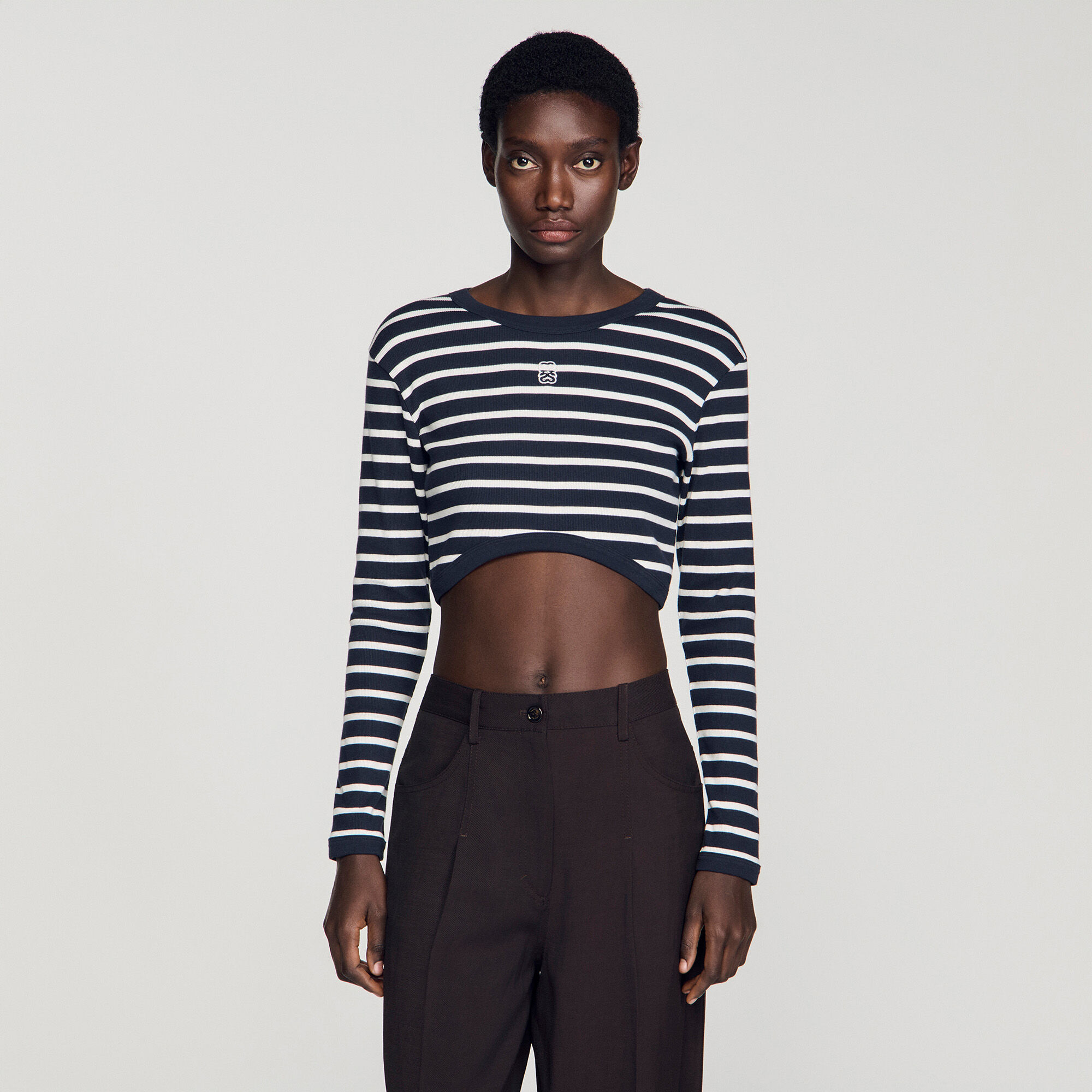 Cropped striped cotton T-shirt