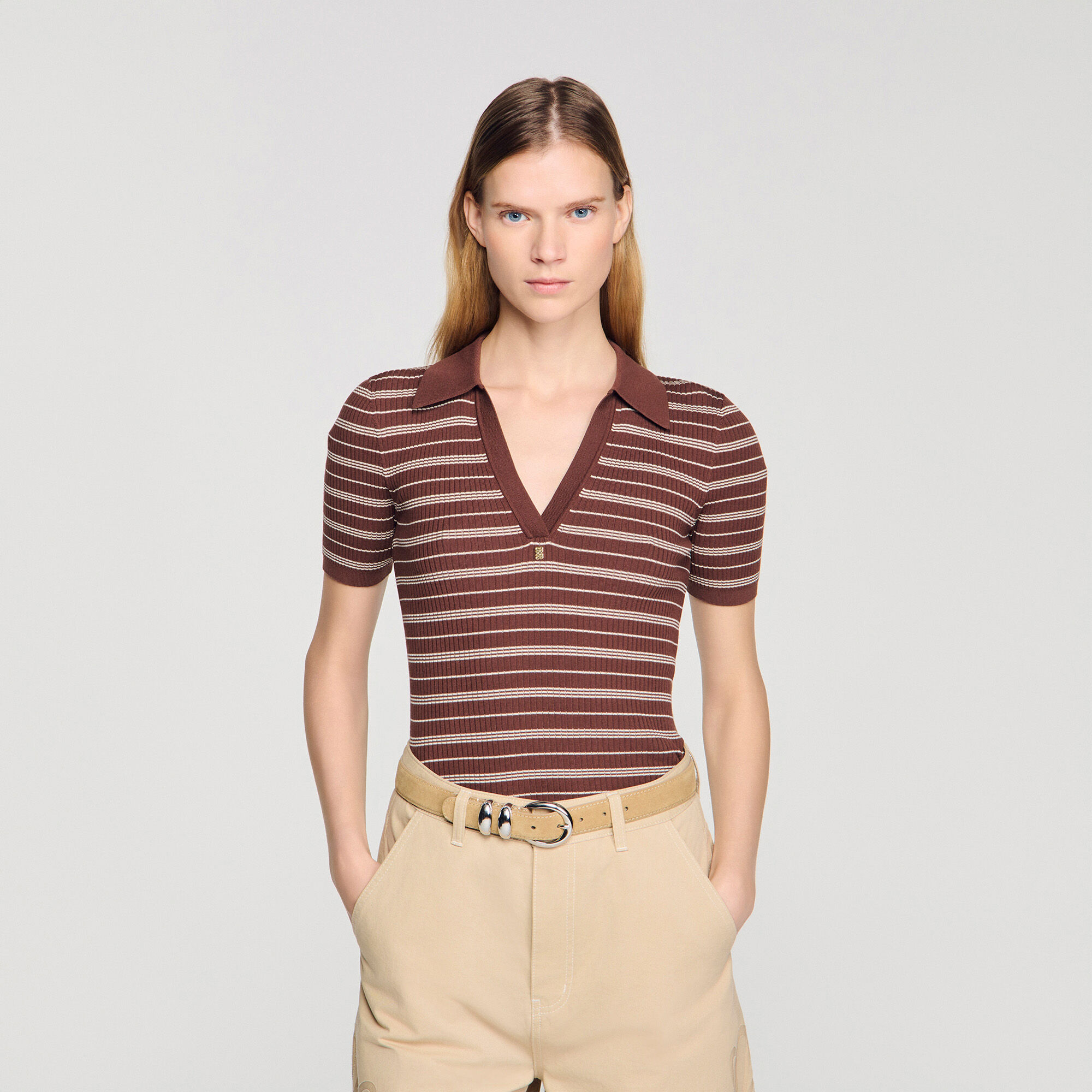 Striped V-neck polo jumper
