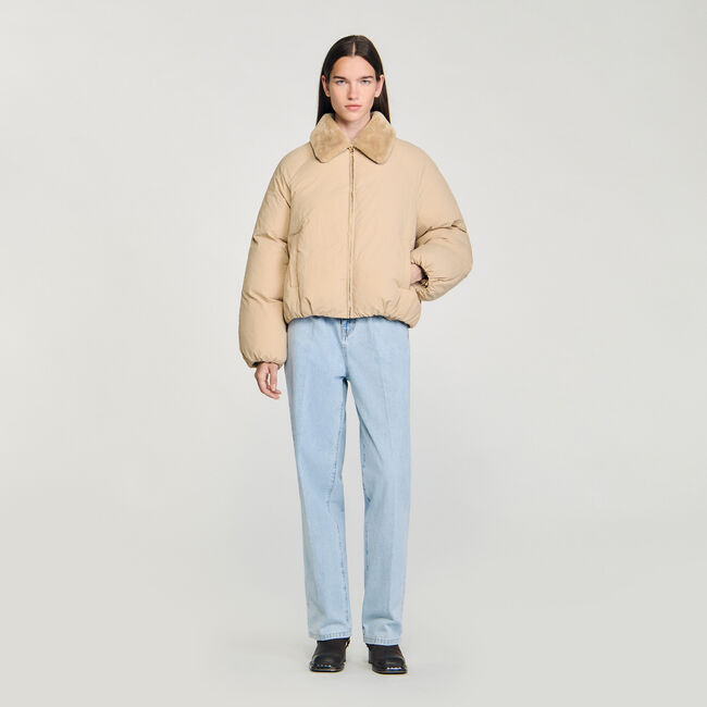 Puffer jacket with shearling collar