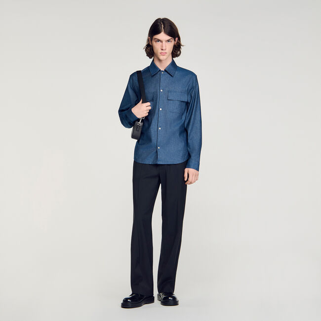 Denim-effect cotton and linen shirt