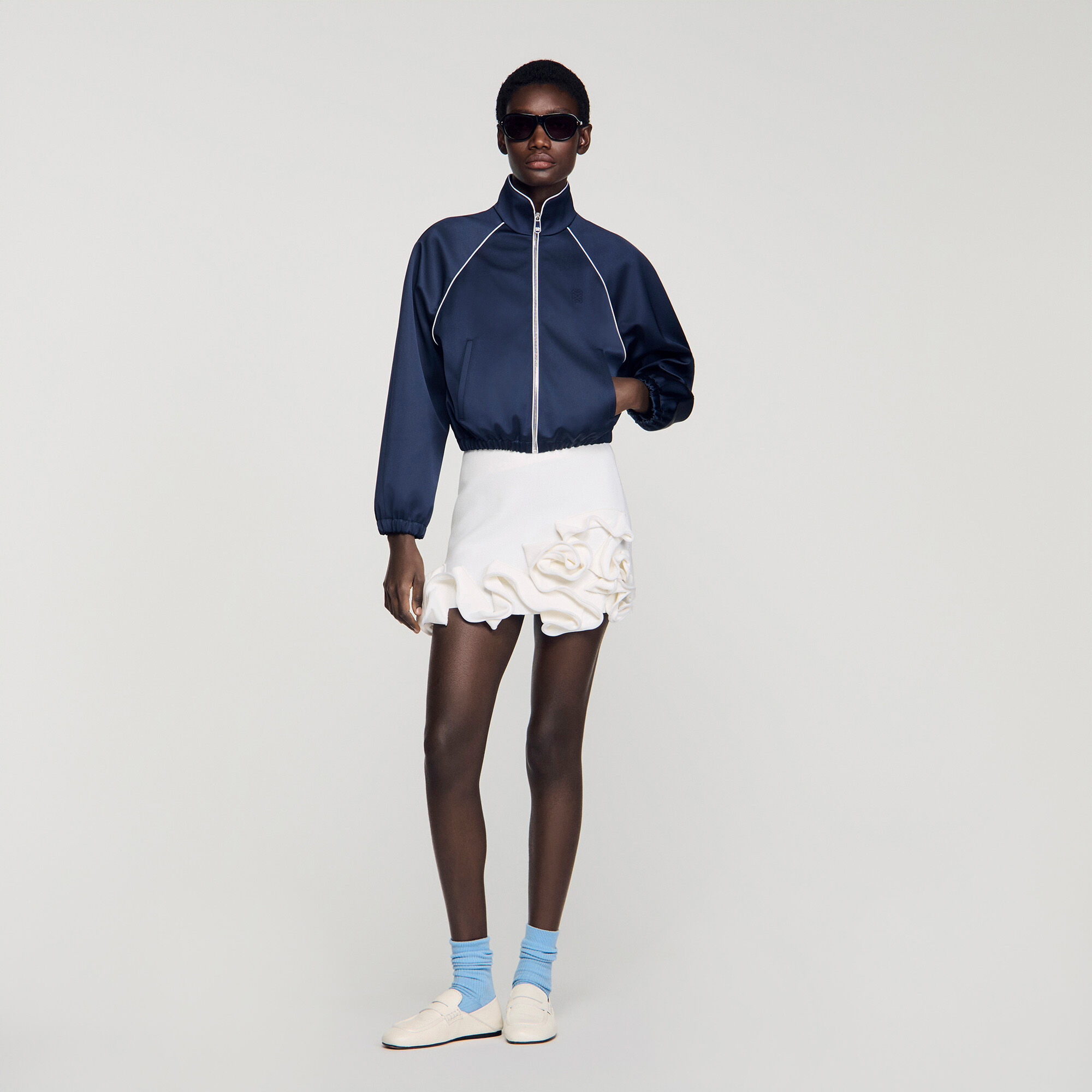 Embroidered cropped satin jacket