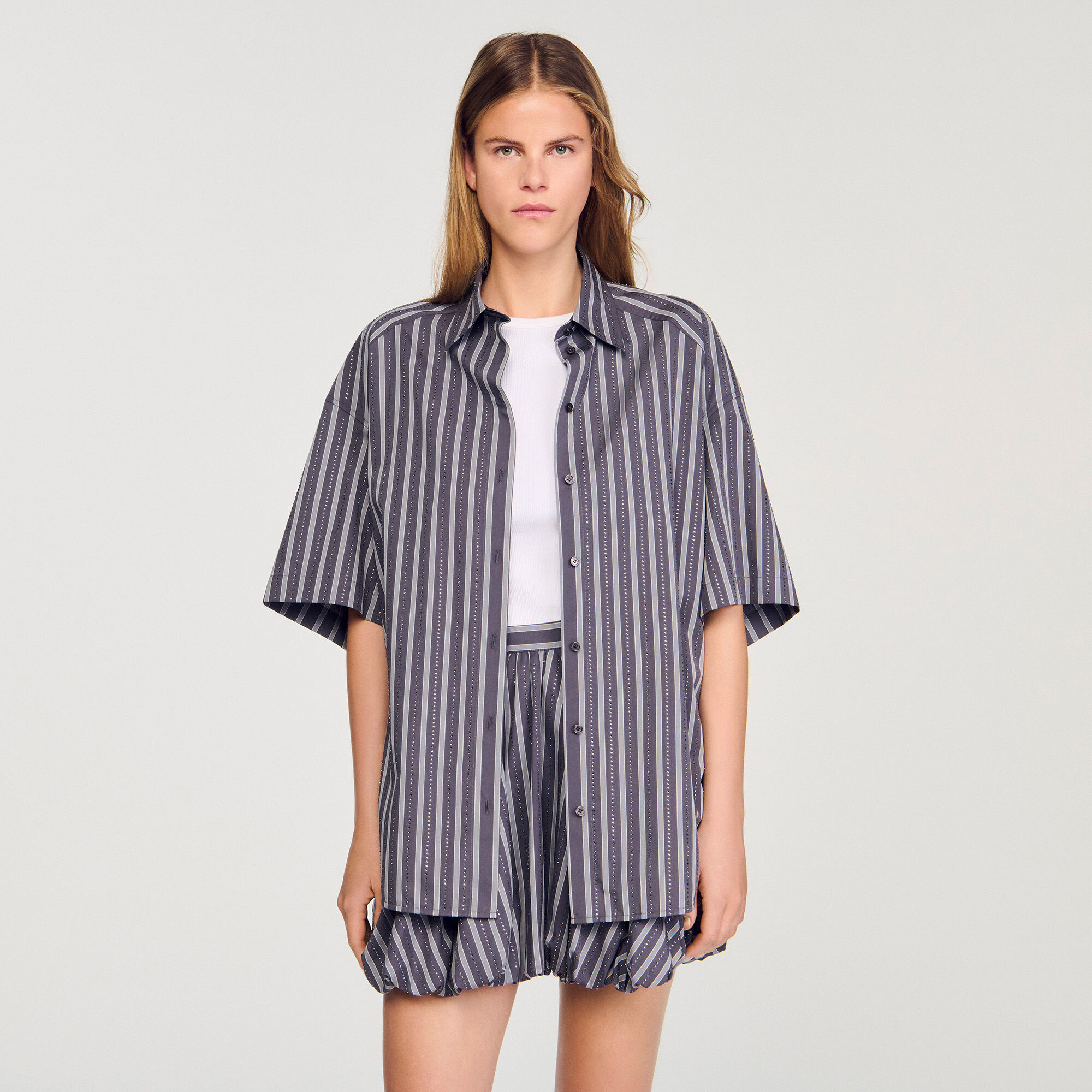 Oversized striped rhinestone shirt