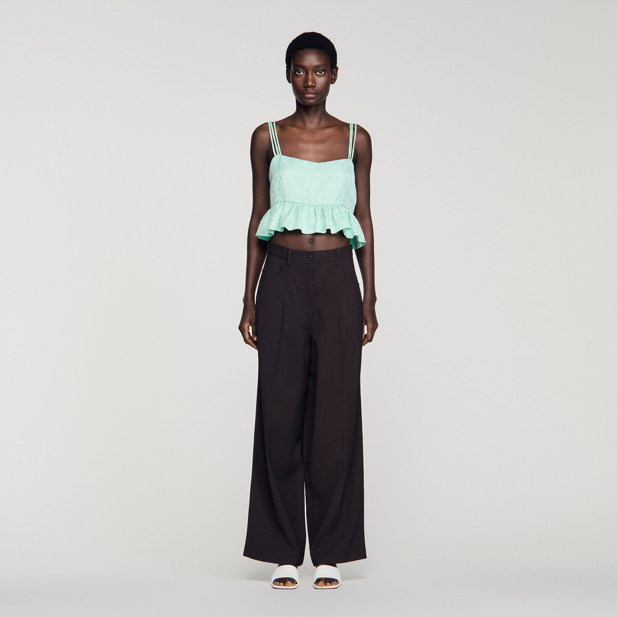 Floral jacquard ruffle crop top