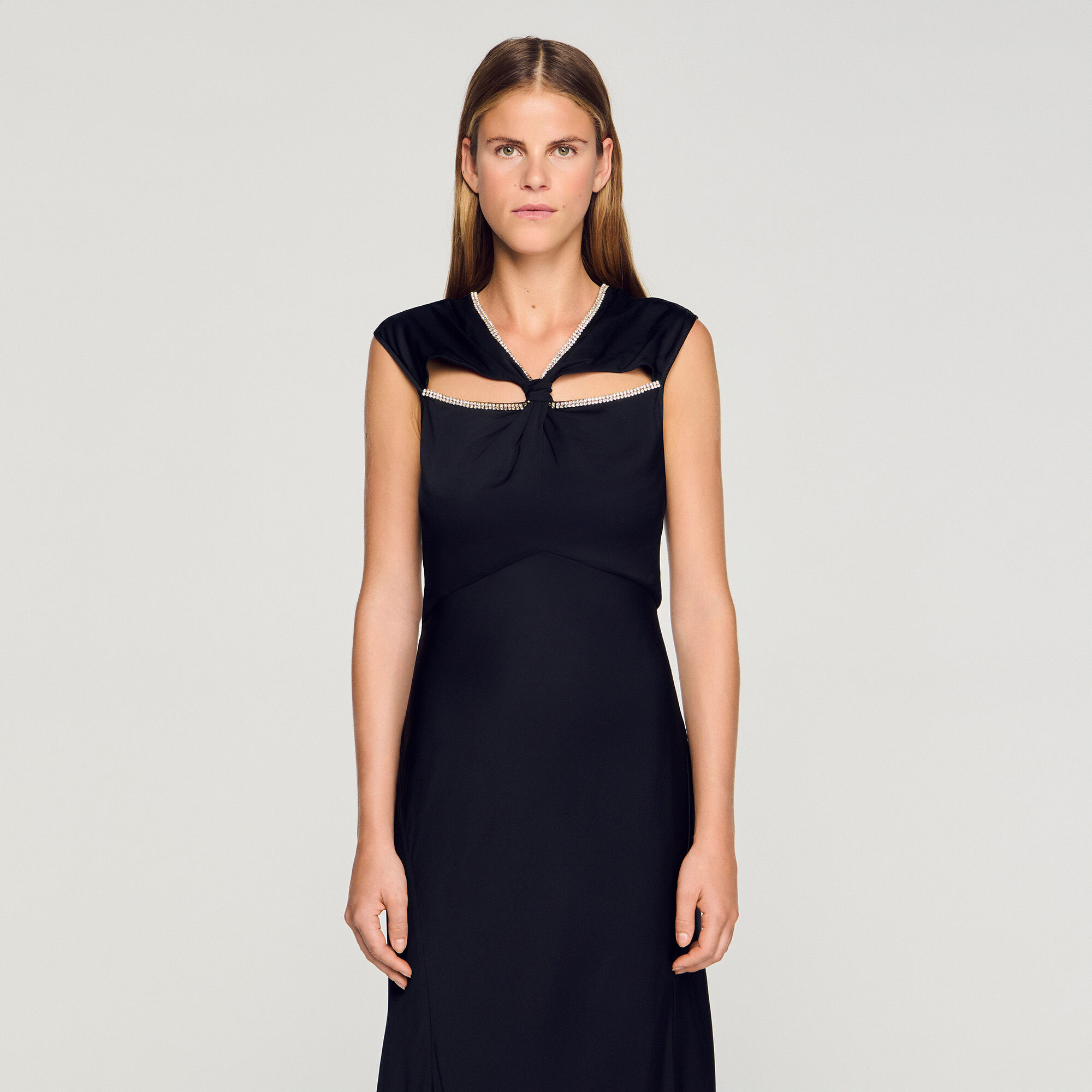 Satin maxi dress with rhinestones