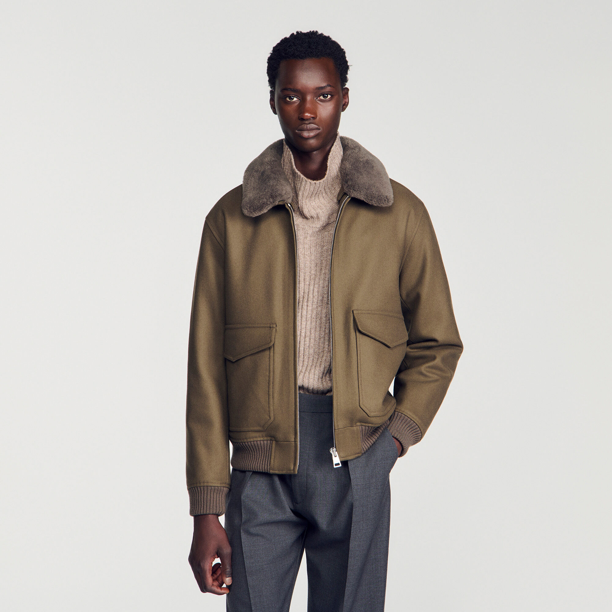 Wool aviator jacket with shearling - Men | Sandro Paris