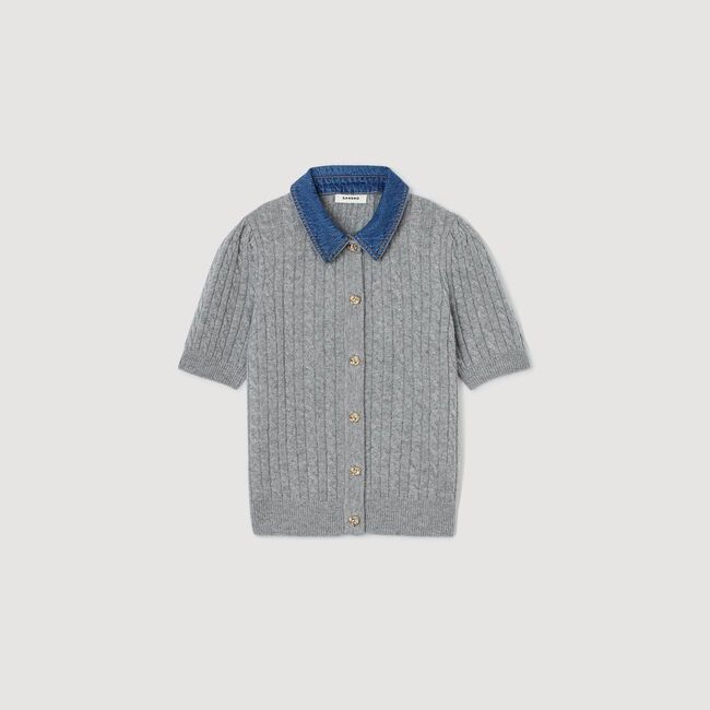 Cardigan with denim collar
