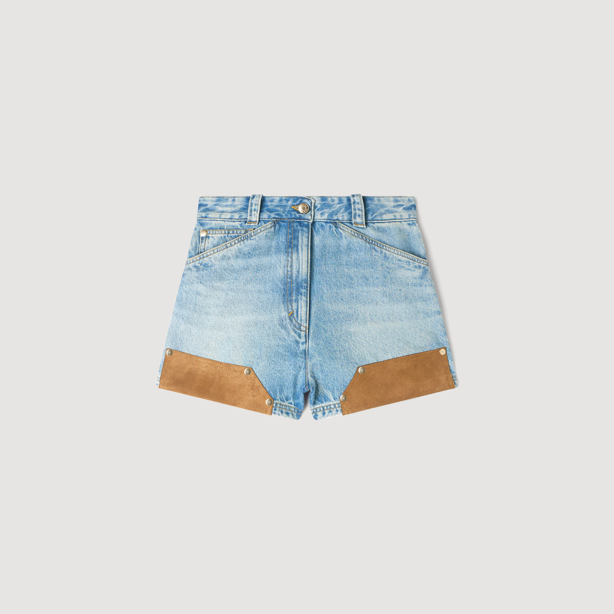 Riveted denim and suede shorts