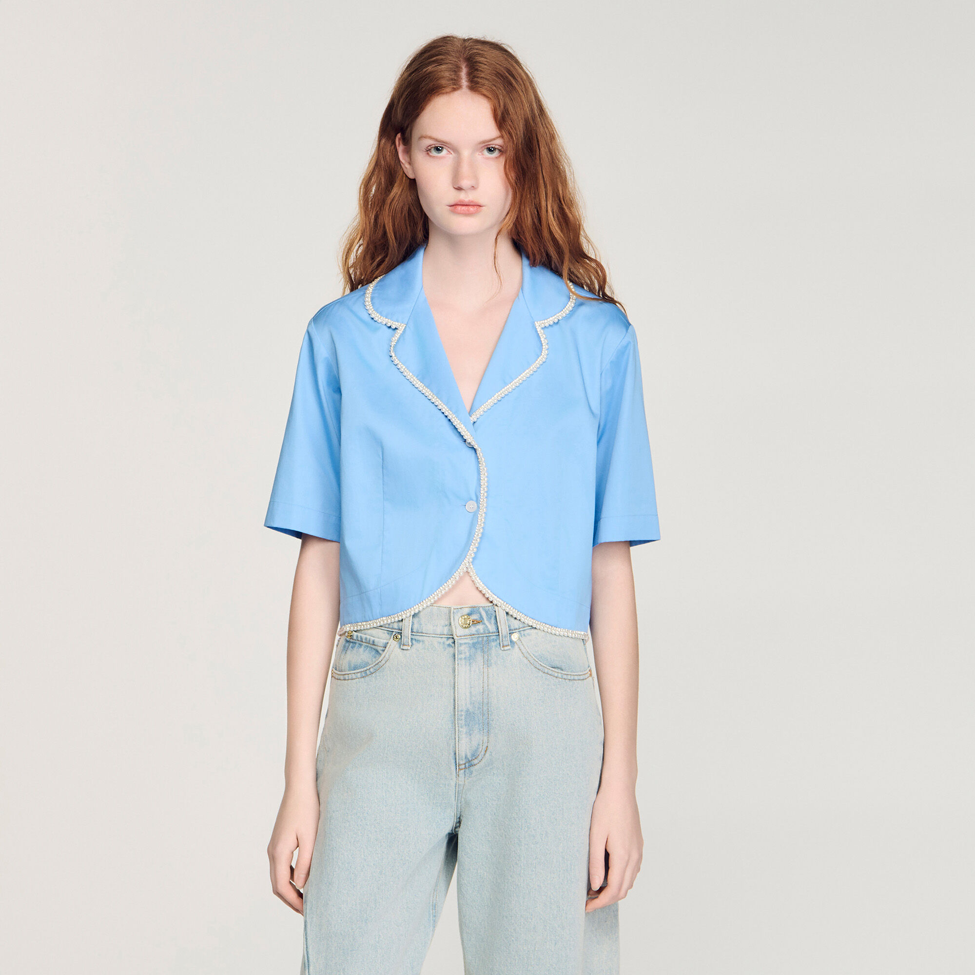 Cotton shirt with beaded trim