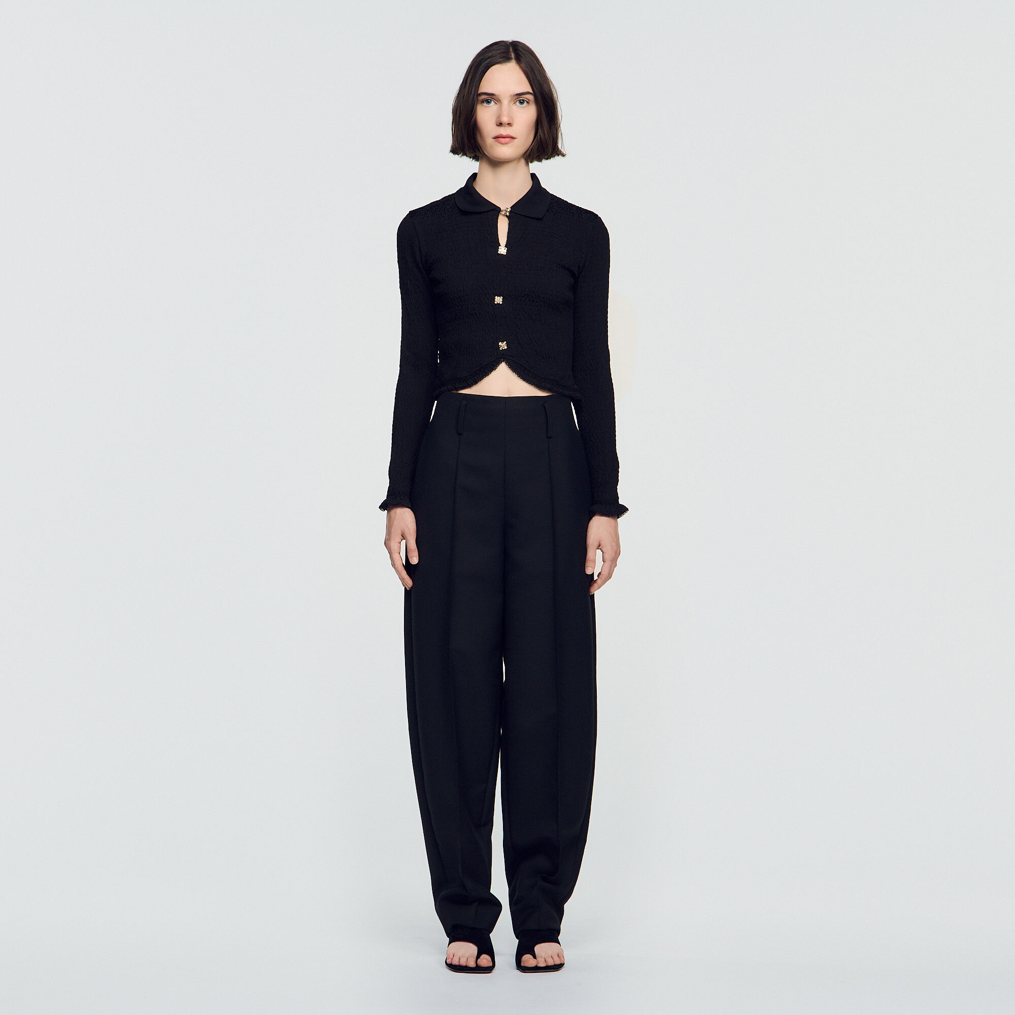 Smocked T-shirt with jewel buttons - Women | Sandro Paris