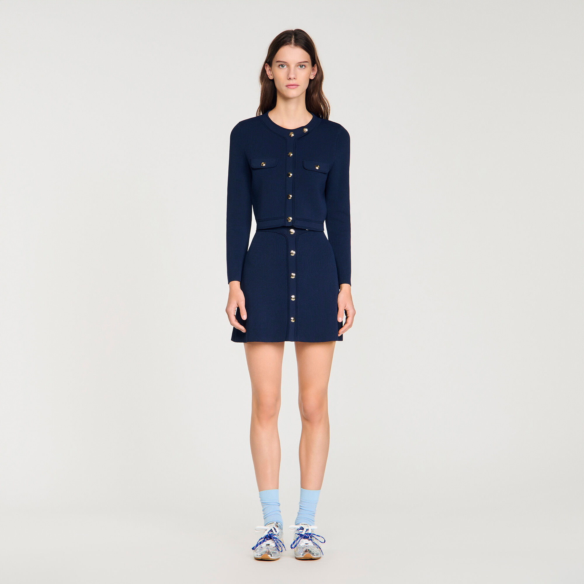 Cropped rib knit cardigan