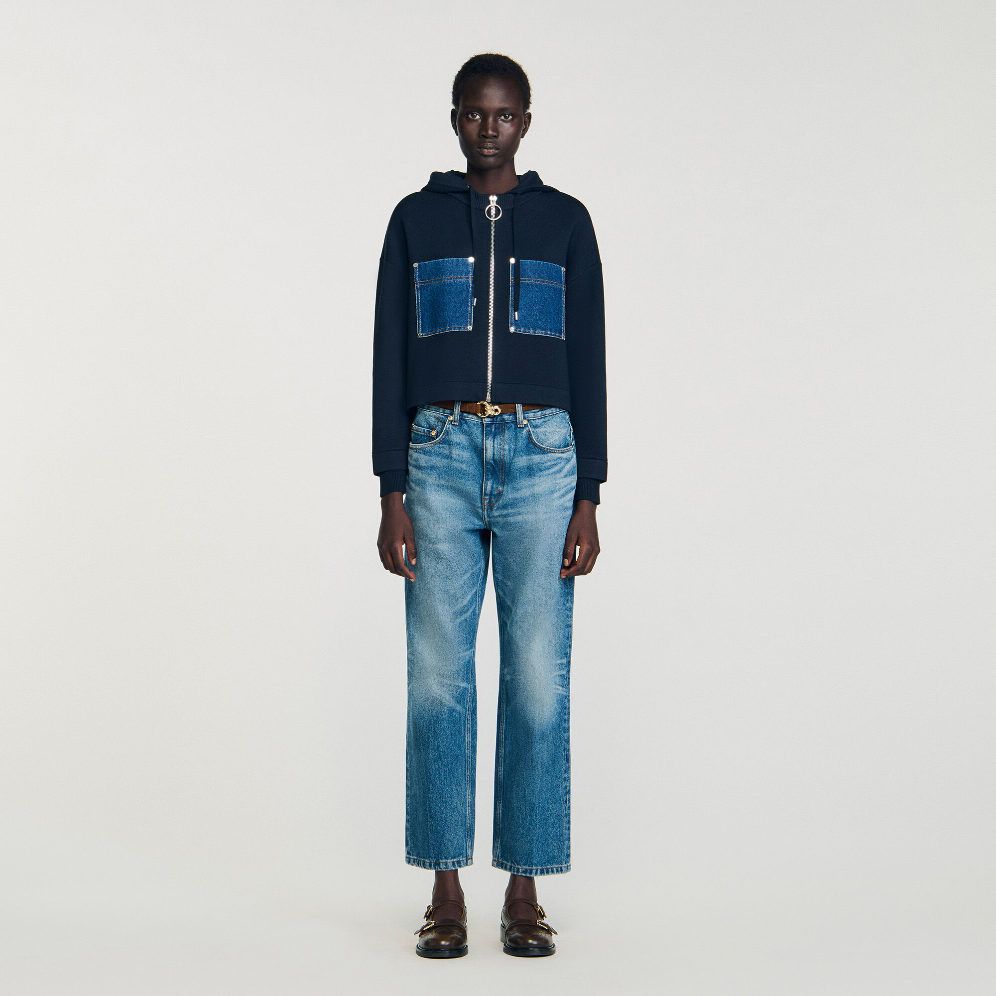 Knit and denim sweatshirt