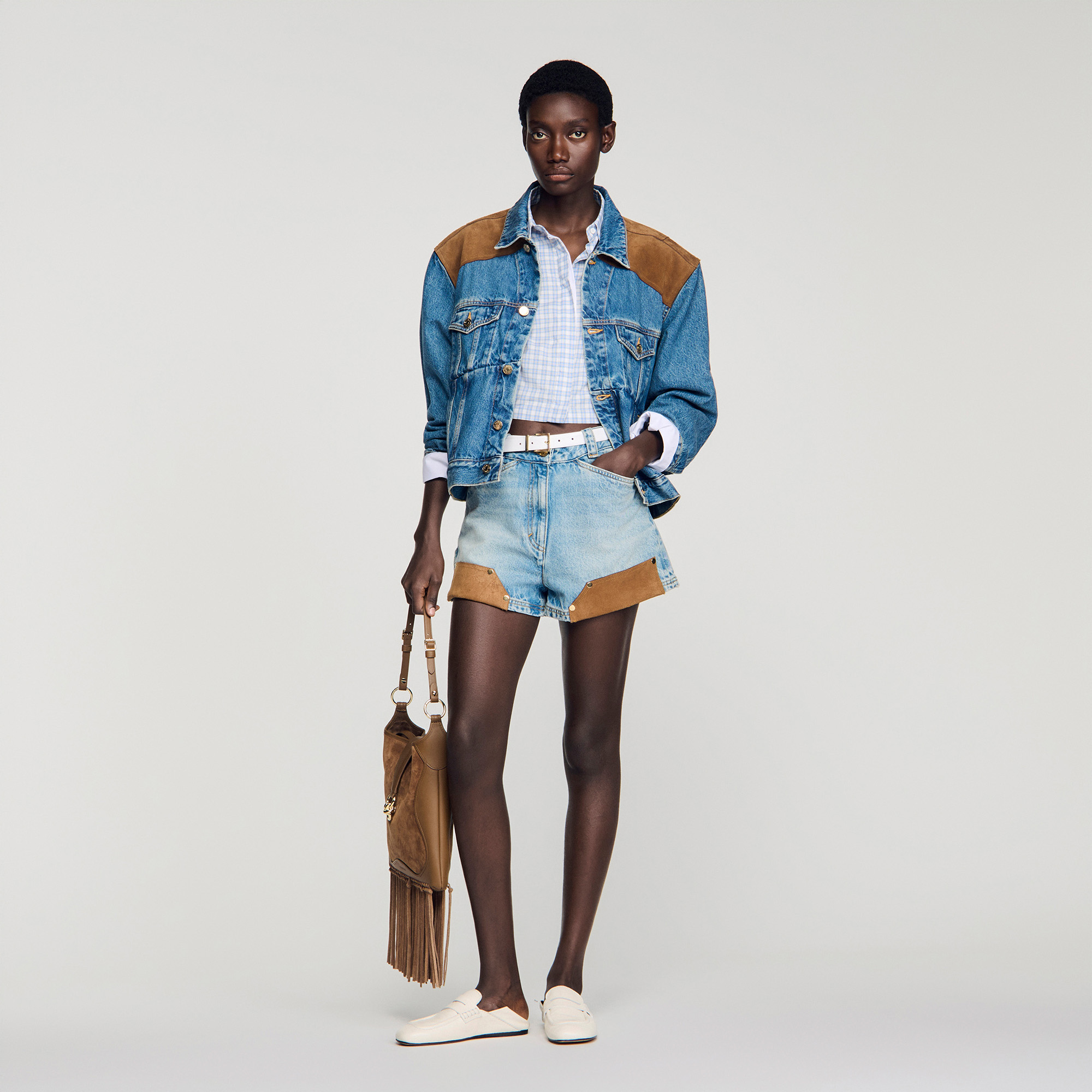 Denim and suede shorts with rivets For Women | Sandro Paris