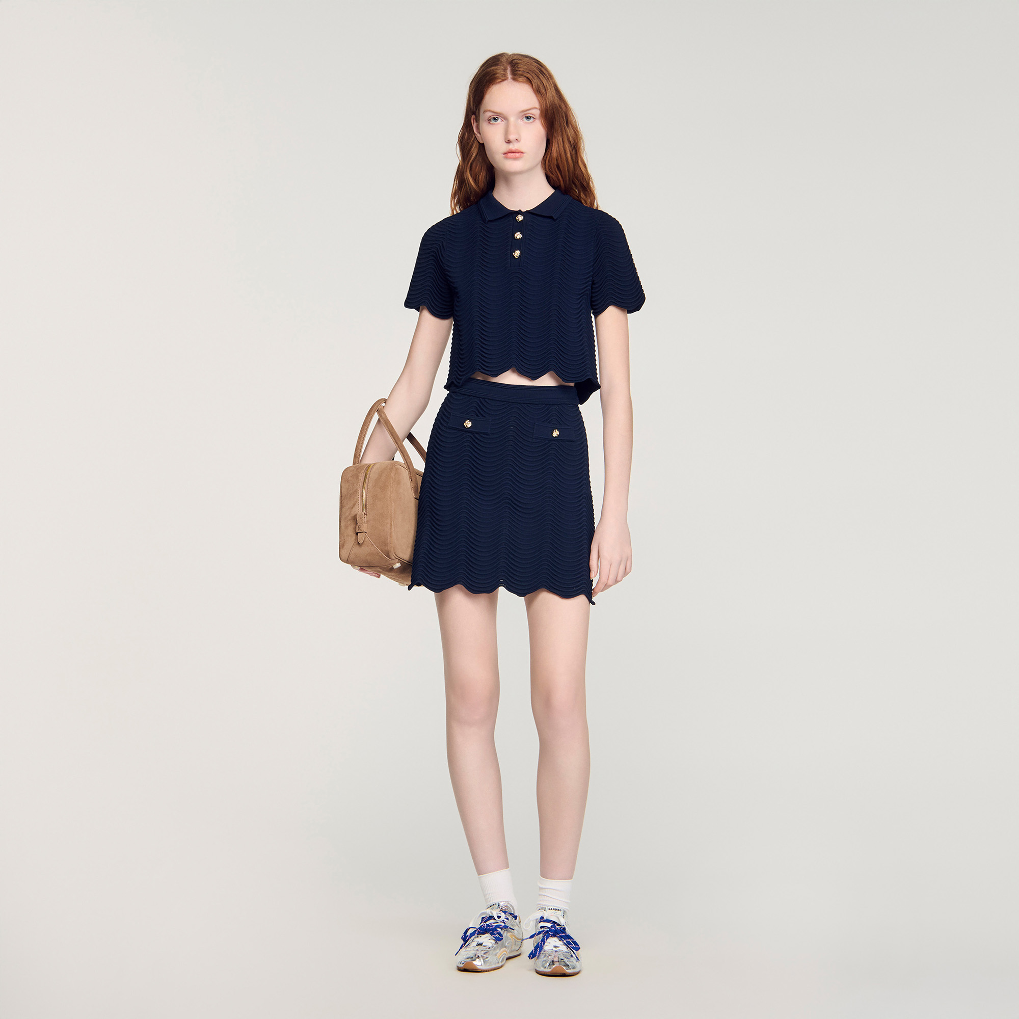 Decorative knit polo-neck jumper blue For Women | Sandro Paris