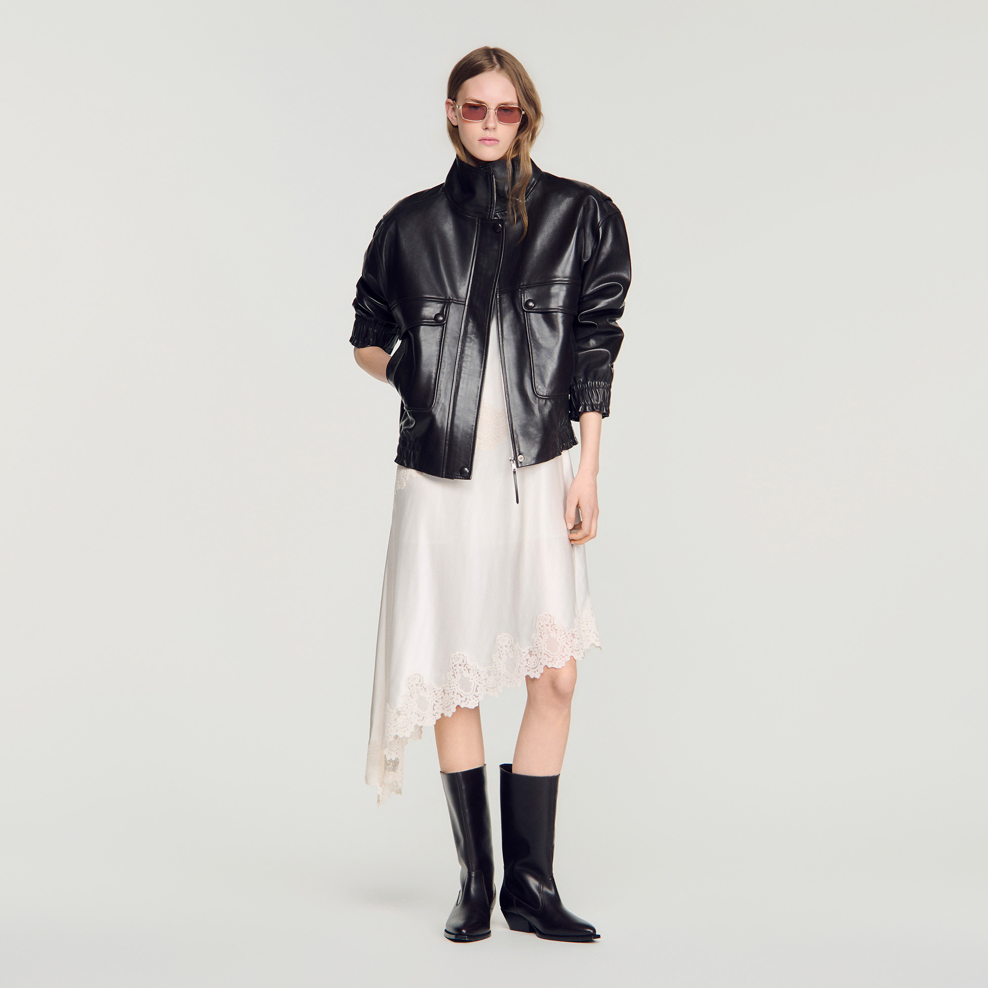 Standing collar leather jacket brown For Women | Sandro Paris