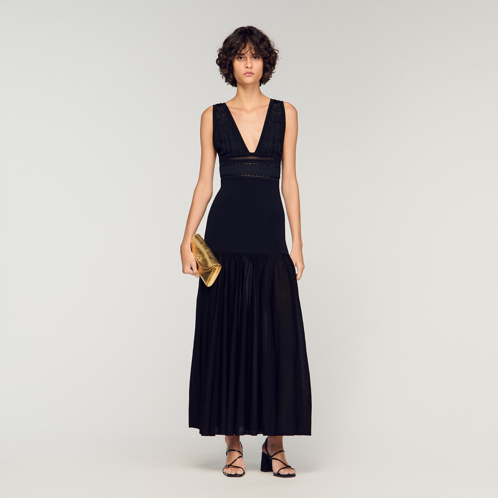 Ruffled knit maxi dress black / gray For Women | Sandro Paris